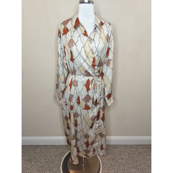 eShakti Wrap Midi Dress w/ Pockets Bow Pattern Satin Long - Picture 1 of 11